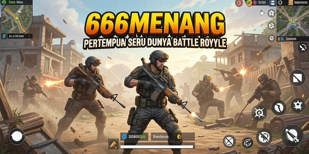 Screenshot utama menampilkan aksi seru dalam gameplay Battle Royale.