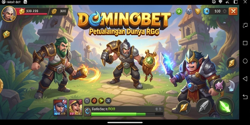 Tampilan gameplay utama DOMINOBET dengan karakter dan pertempuran RPG.