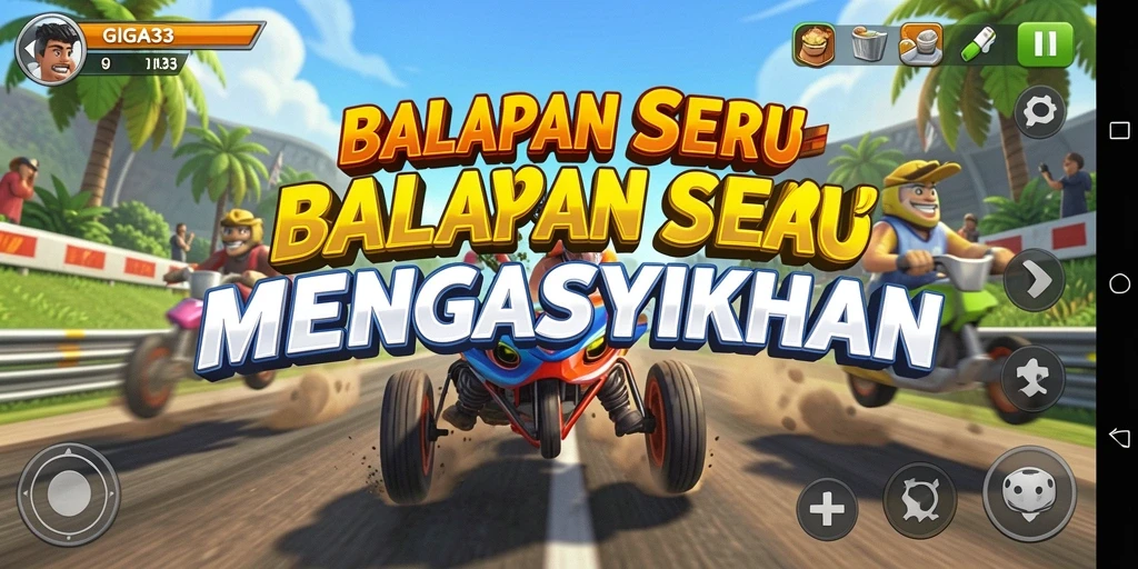 Tampilan gameplay GIGA33 yang penuh aksi saat balapan di lintasan.
